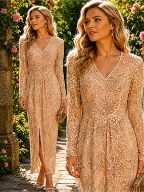 Vintage Blacktie Beaded Silk Sequin Evening Wedding Formal Dress
